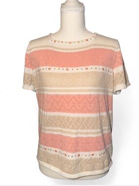 Alfred Dunner Peach and Cream Short-Sleeve Striped Knit Top